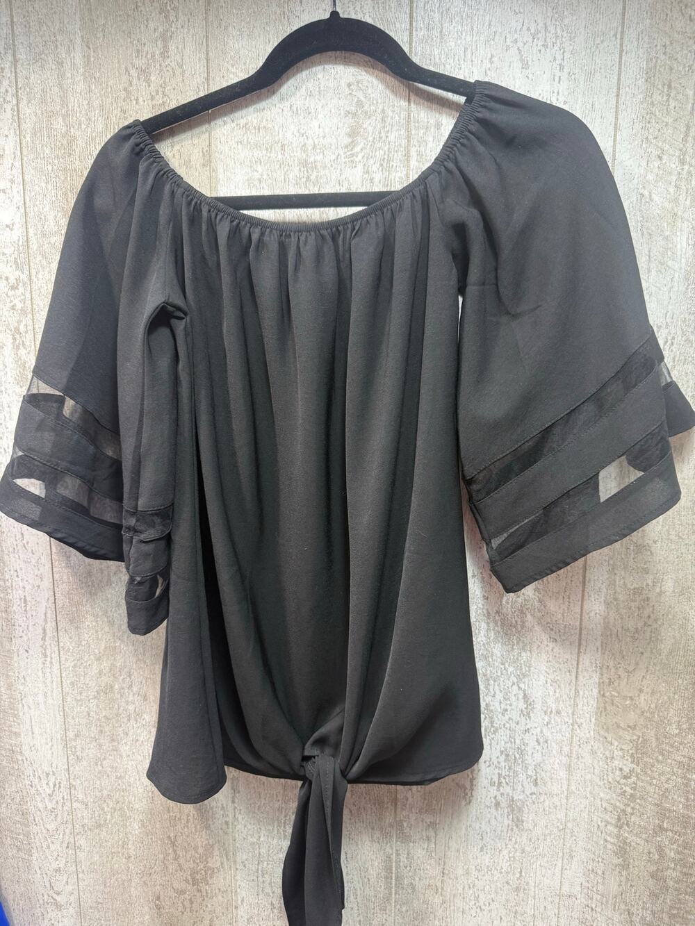 Women’s Large Black Tie Front Blouse Sheer Stripe Bell Sleeve Boho Top